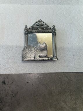 Antique Silver-Tone Cat Mirror Pin Brooch